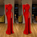 One-shoulder High-split Soft pleated Red Prom Dress Long sleeves