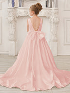 A-Line Princess Sleeveless Satin Flower Girl Dress with Sweep Train and Bow
