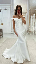 Wedding Dress Chic Satin Mermaid Off-Shoulder Ruched With Train Beach