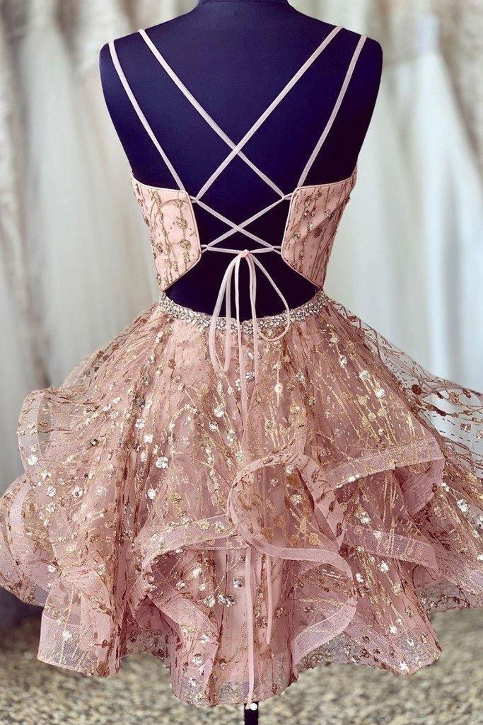 Pink Deep V-Neck Homecoming Dress Sequined Short Prom Dress
