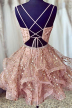 Pink Deep V-Neck Homecoming Dress Sequined Short Prom Dress