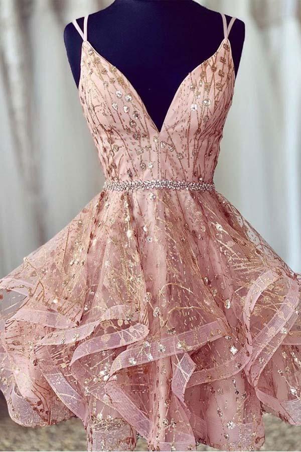 Pink Deep V-Neck Homecoming Dress Sequined Short Prom Dress