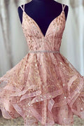 Pink Deep V-Neck Homecoming Dress Sequined Short Prom Dress