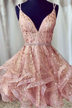 Pink Deep V-Neck Homecoming Dress Sequined Short Prom Dress