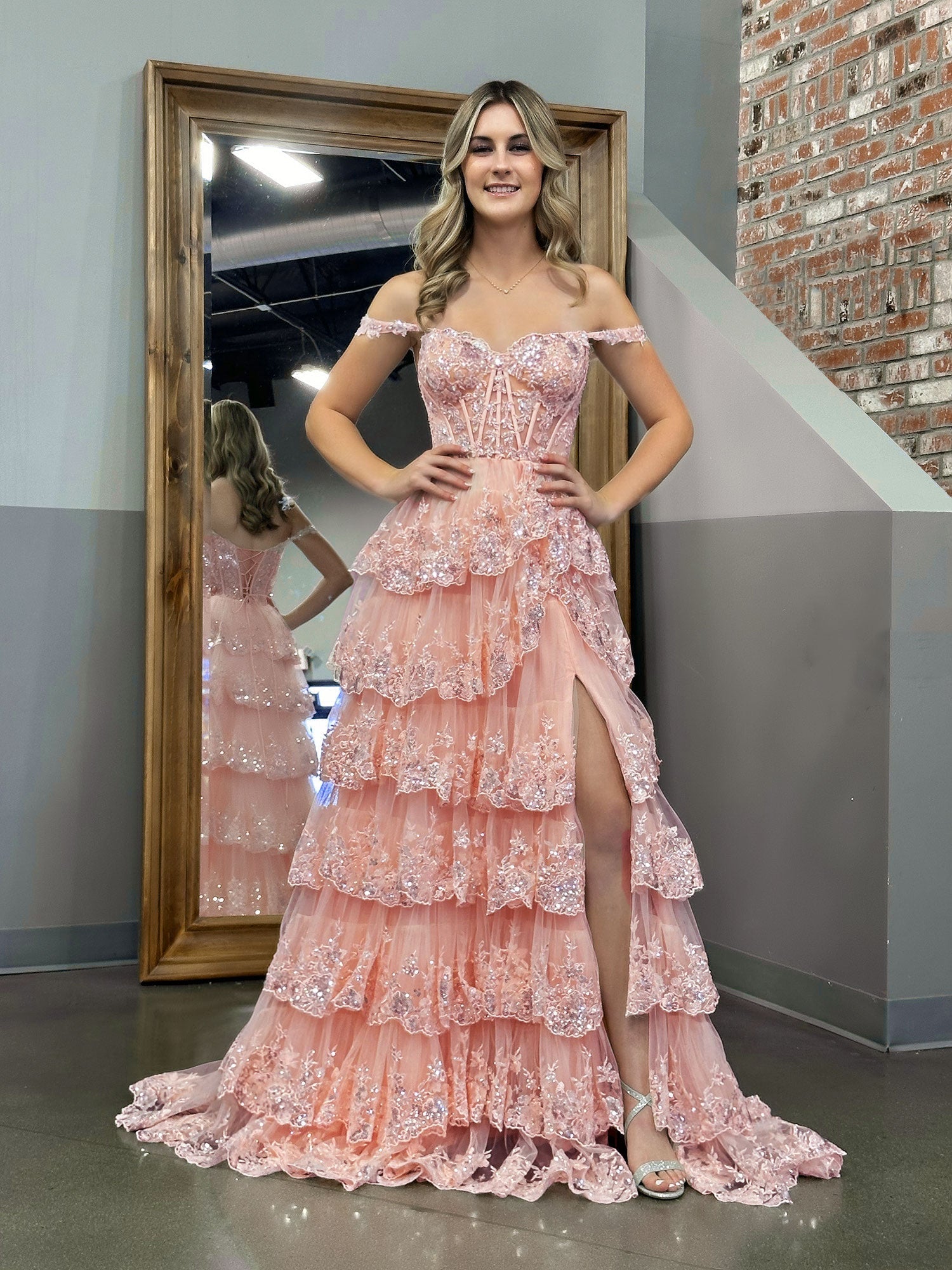 Princess A Line Off the Shoulder Corset Prom Dress with Lace Ruffles