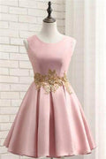 Short Prom Dress Satin Homecoming Dress with Gold Applique