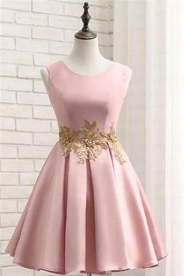 Short Prom Dress Satin Homecoming Dress with Gold Applique