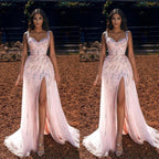Pink Straps Long Prom Dress Mermaid Ruffles Ball Dresses Split Sweetheart