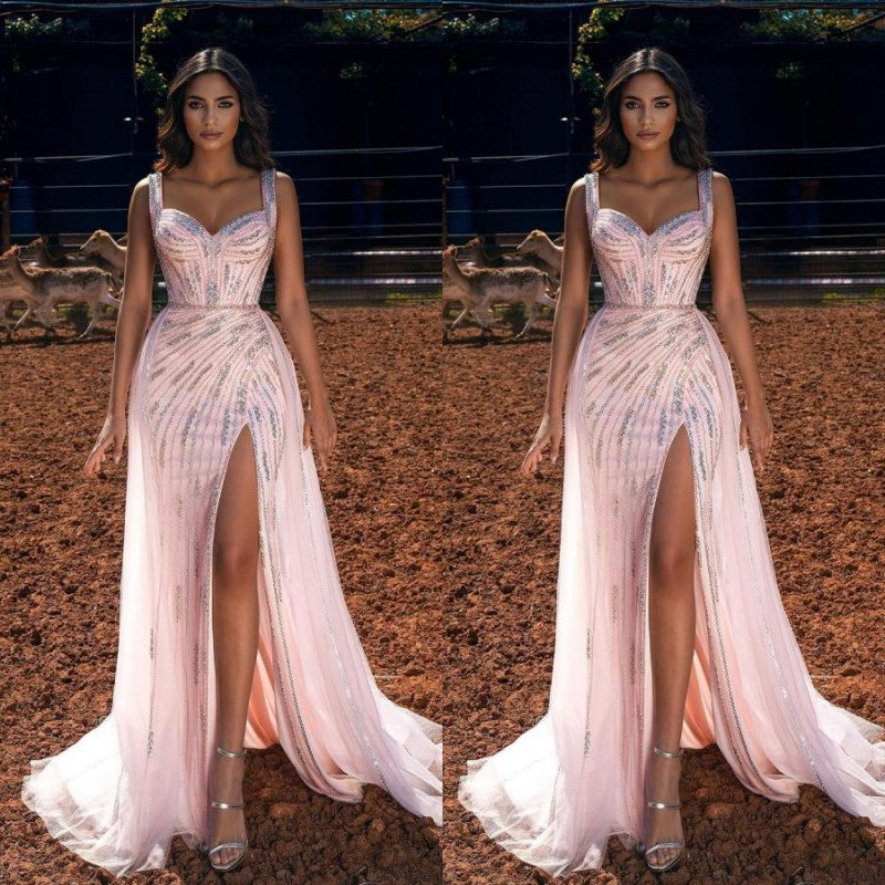 Pink Straps Long Prom Dress Mermaid Ruffles Ball Dresses Split Sweetheart