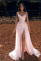 Pink Straps Long Prom Dress Mermaid Ruffles Ball Dresses Split Sweetheart