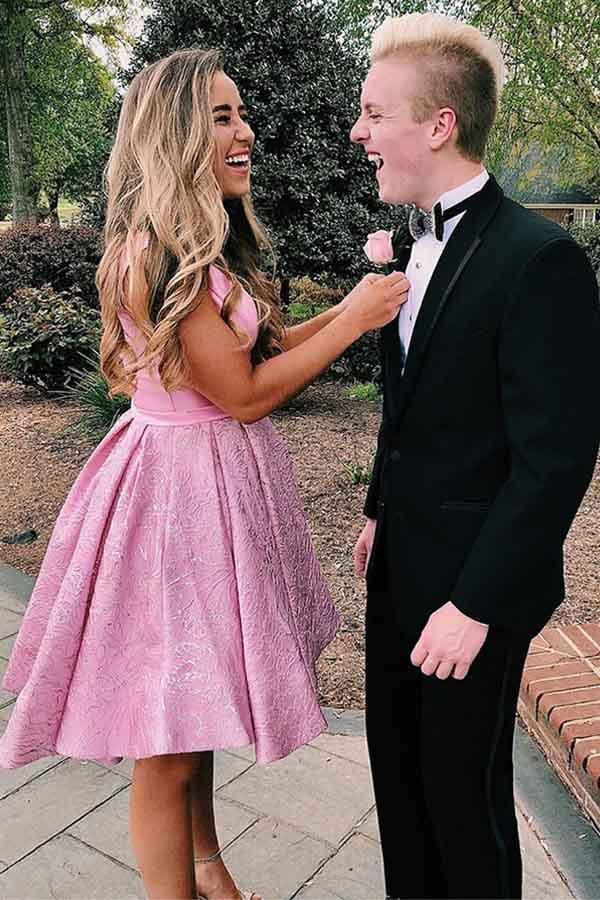 V-Neck Pleated Satin Short Homecoming Dress With Pockets