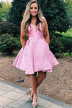 V-Neck Pleated Satin Short Homecoming Dress With Pockets