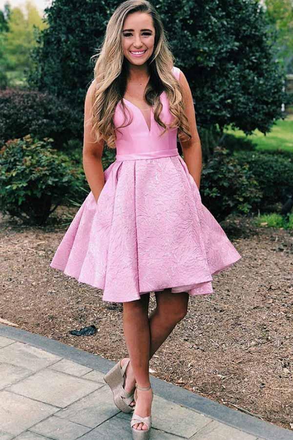 V-Neck Pleated Satin Short Homecoming Dress With Pockets