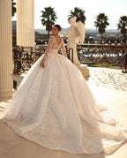 Princess Long A-line V-neck Lace Wedding Dress With Long Sleeves
