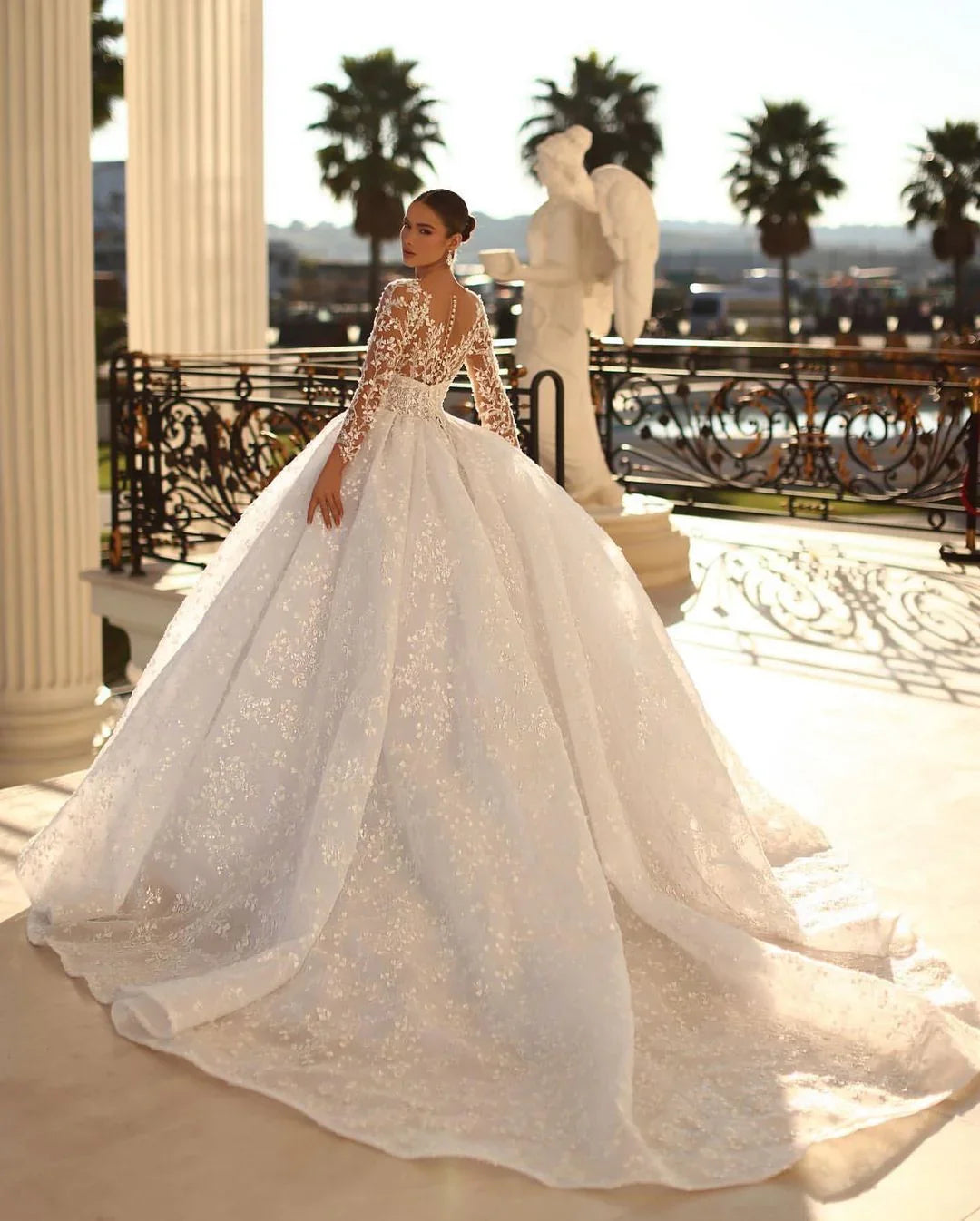 Princess Long A-line V-neck Lace Wedding Dress With Long Sleeves
