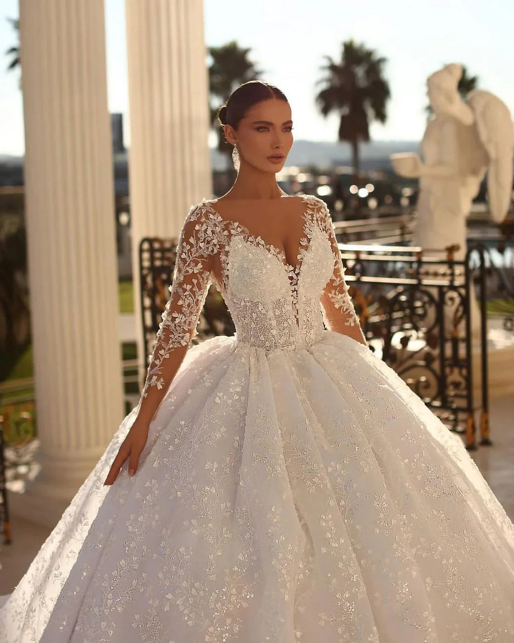 Princess Long A-line V-neck Lace Wedding Dress With Long Sleeves