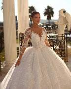 Princess Long A-line V-neck Lace Wedding Dress With Long Sleeves