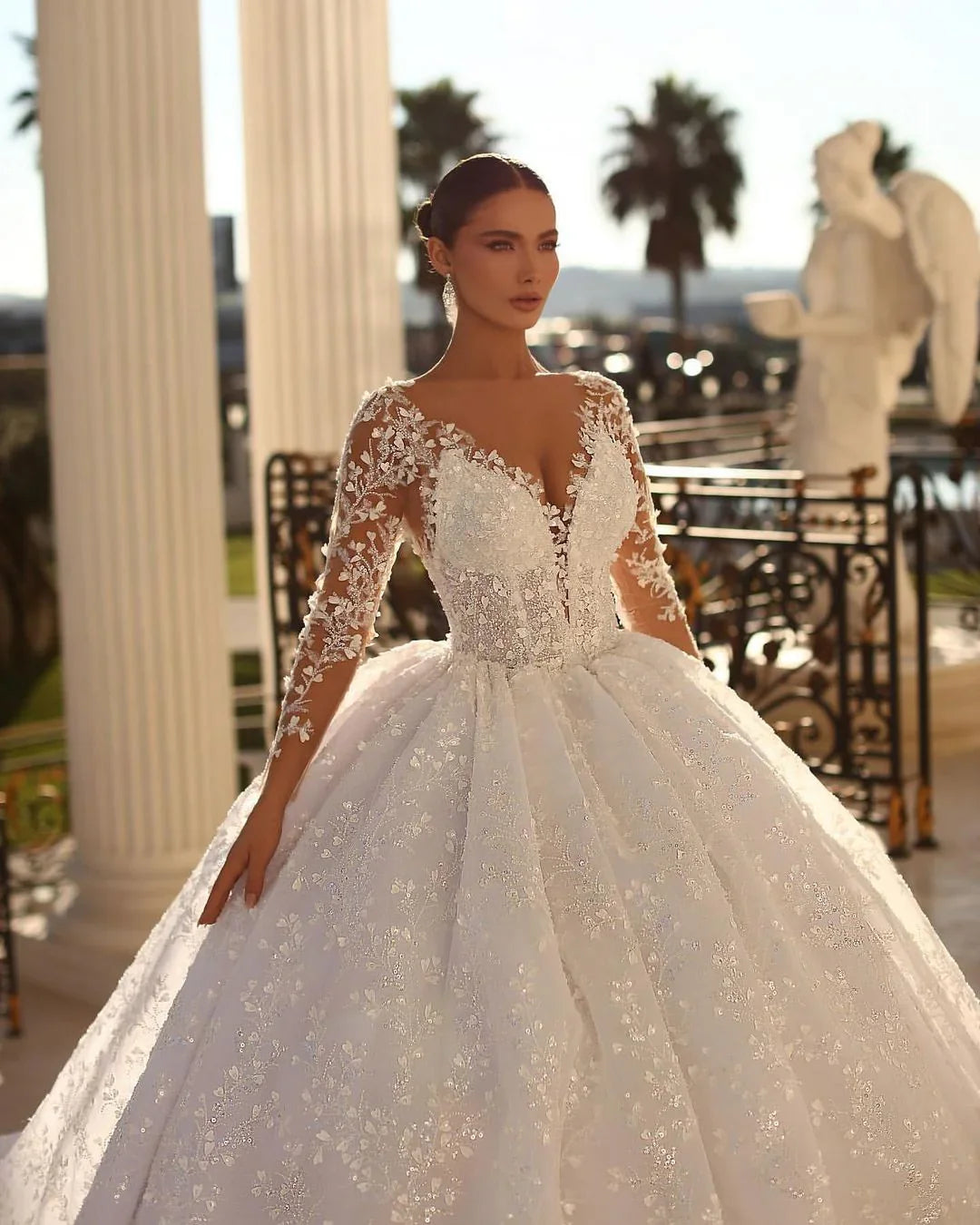 Princess Long A-line V-neck Lace Wedding Dress With Long Sleeves