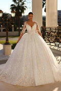 Princess Long A-line V-neck Lace Wedding Dress With Long Sleeves