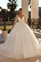 Princess Long A-line V-neck Lace Wedding Dress With Long Sleeves