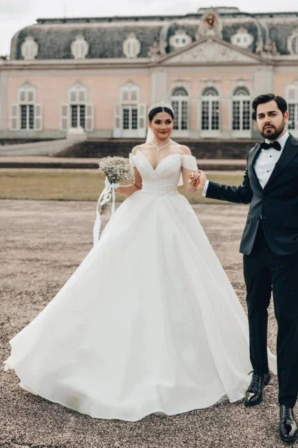Princess Long  Off-the-shoulder A-line V-neck Organza Satin Wedding Dress