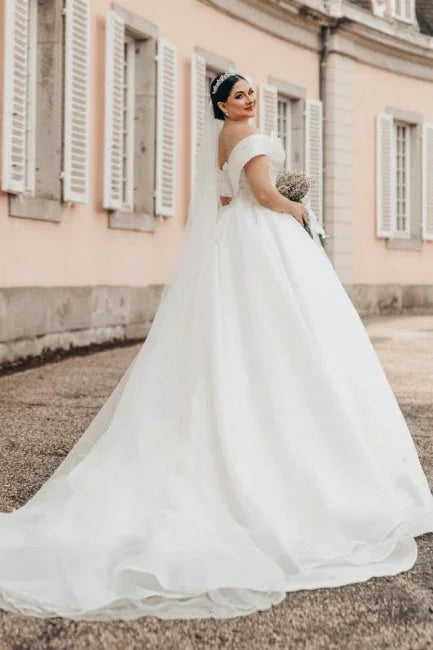 Princess Long  Off-the-shoulder A-line V-neck Organza Satin Wedding Dress