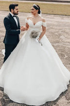 Princess Long  Off-the-shoulder A-line V-neck Organza Satin Wedding Dress