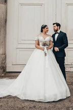 Princess Long  Off-the-shoulder A-line V-neck Organza Satin Wedding Dress