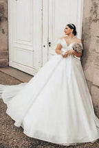 Princess Long  Off-the-shoulder A-line V-neck Organza Satin Wedding Dress