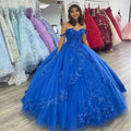 Royal Blue Off-Shoulder Ball Gown Quinceanera Dresses Fashion 3D Flower Tulle Sweet 16 Princess Dress Y524