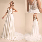NumberSea Simple V Neck Spaghetti Straps Chiffon A Line Wedding Dress With Lace Back Bridal Gown&nbsp;
