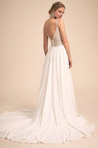 NumberSea Simple V Neck Spaghetti Straps Chiffon A Line Wedding Dress With Lace Back Bridal Gown&nbsp;