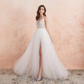 NumberSea V Neck Wedding Dress White Ivory Sexy High Splits Beaded Beading Pearls Crystal A Line Backless Bridal Gown Vestido De Noiva