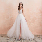 NumberSea V Neck Wedding Dress White Ivory Sexy High Splits Beaded Beading Pearls Crystal A Line Backless Bridal Gown Vestido De Noiva
