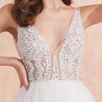 NumberSea V Neck Wedding Dress White Ivory Sexy High Splits Beaded Beading Pearls Crystal A Line Backless Bridal Gown Vestido De Noiva