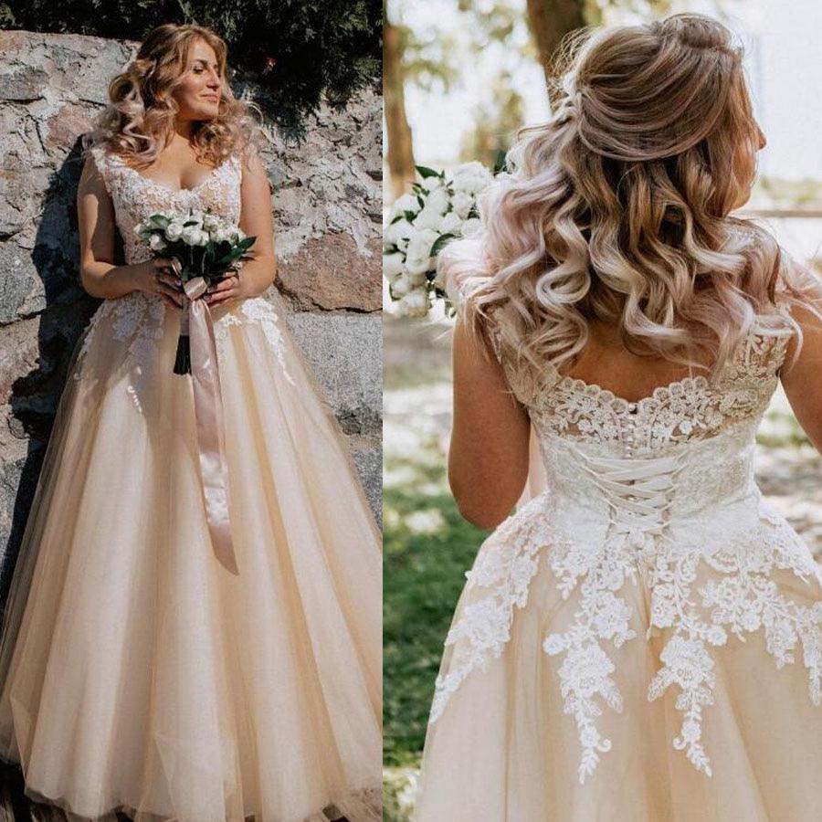 NumberSea V-neck Lace Applique Cap Sleeve Long Elegant A-line Wedding Dress with Lace-up Pearls Champagne Bridal Dress vestido de novia