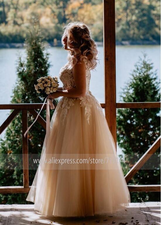 NumberSea V-neck Lace Applique Cap Sleeve Long Elegant A-line Wedding Dress with Lace-up Pearls Champagne Bridal Dress vestido de novia