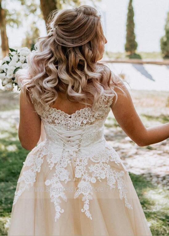 NumberSea V-neck Lace Applique Cap Sleeve Long Elegant A-line Wedding Dress with Lace-up Pearls Champagne Bridal Dress vestido de novia