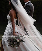 NumberSea Sheer Lace 3D Flowers Applique Wedding Dresses Strapless Split Tulle Dark Grey Silver Beach Boho Bridal Gowns with Crystals