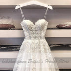NumberSea  Trouwjurk Sexy A Line Wedding Dress Spaghetti Straps Vintage Lace Applique Beaded Off White Tulle Mariage Long Bridal Dress