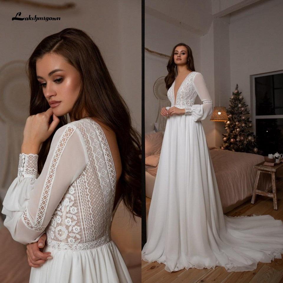 NumberSea Vestidos Boho Bridal Long Sleeve Wedding Dresses A Line  Robe Longue Simple Beach Chiffon Long Wedding Gowns Deep V-neck