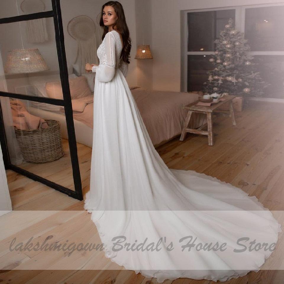 NumberSea Vestidos Boho Bridal Long Sleeve Wedding Dresses A Line  Robe Longue Simple Beach Chiffon Long Wedding Gowns Deep V-neck
