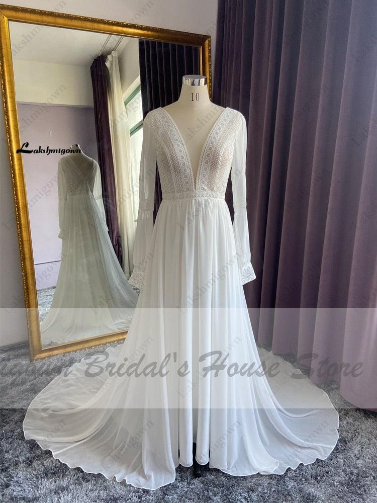 NumberSea Vestidos Boho Bridal Long Sleeve Wedding Dresses A Line  Robe Longue Simple Beach Chiffon Long Wedding Gowns Deep V-neck