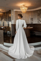 NumberSea Vestido De Noiva Simple Soft Satin Wedding Dresses Long Sleeve Muslim Bridal Gowns Dubai Back Button Plus Size A-Line Bride Dres