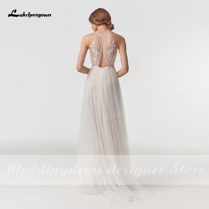 NumberSea Vintage Halter Neck Boho Beach Wedding Dresses vestido de novia Lace Bohemian A Line Soft Tulle Bridal Gown Sleeveless