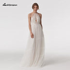 NumberSea Vintage Halter Neck Boho Beach Wedding Dresses vestido de novia Lace Bohemian A Line Soft Tulle Bridal Gown Sleeveless