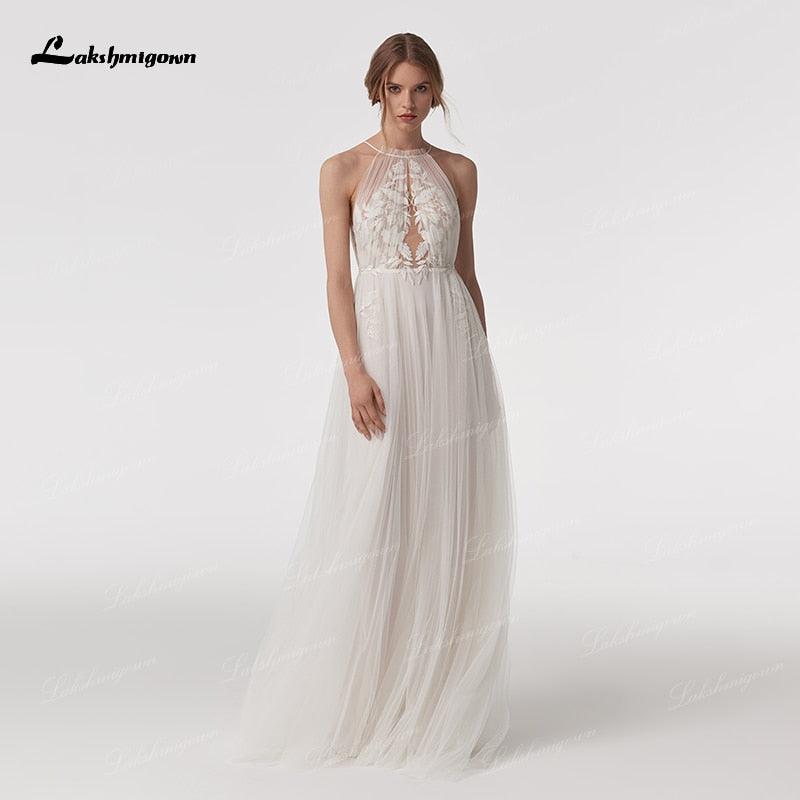 NumberSea Vintage Halter Neck Boho Beach Wedding Dresses vestido de novia Lace Bohemian A Line Soft Tulle Bridal Gown Sleeveless