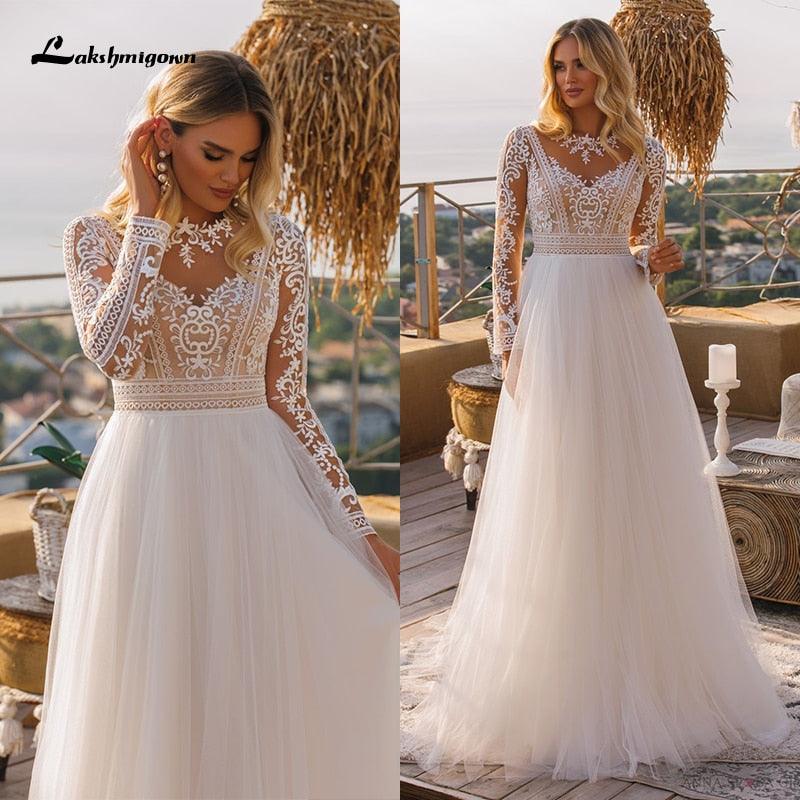 NumberSea Vintage Long Sleeve Boho Wedding Dresses vestido de novia Lace High Neck Plus Size A Line Beach Bridal Gowns robe de mariee