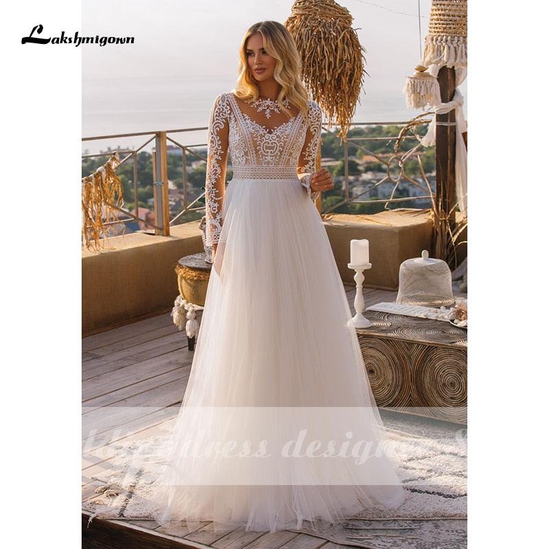 NumberSea Vintage Long Sleeve Boho Wedding Dresses vestido de novia Lace High Neck Plus Size A Line Beach Bridal Gowns robe de mariee