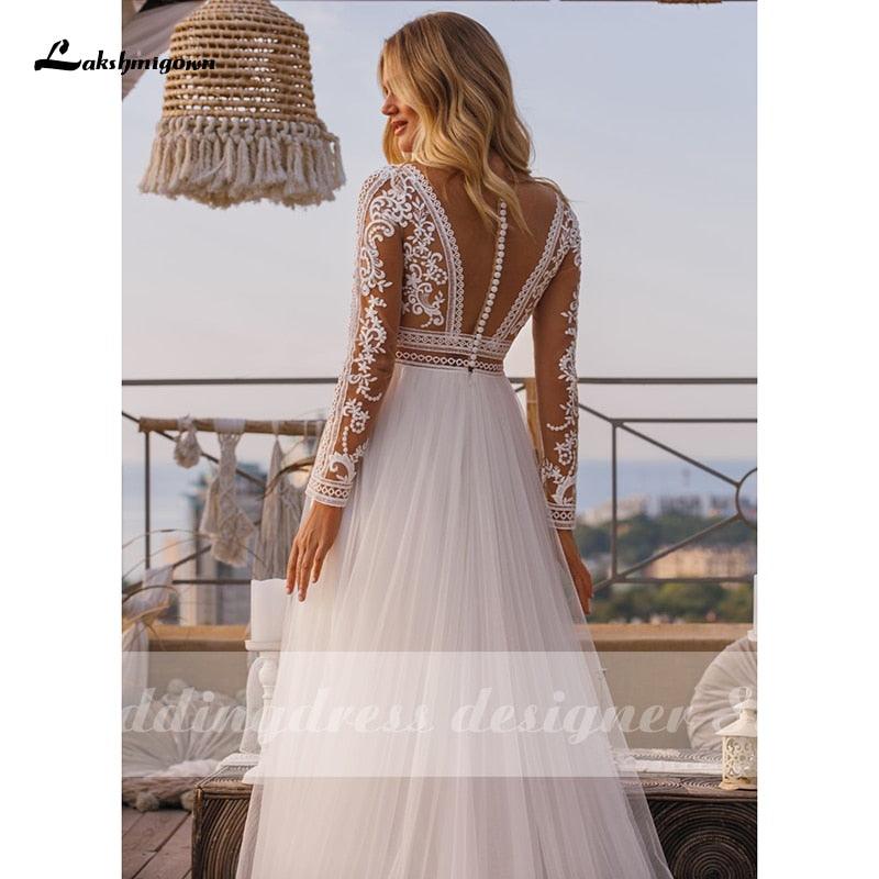 NumberSea Vintage Long Sleeve Boho Wedding Dresses vestido de novia Lace High Neck Plus Size A Line Beach Bridal Gowns robe de mariee